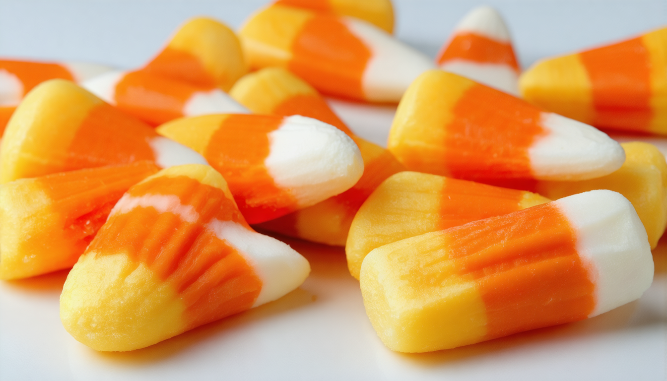 American candy corn lying on a white surface