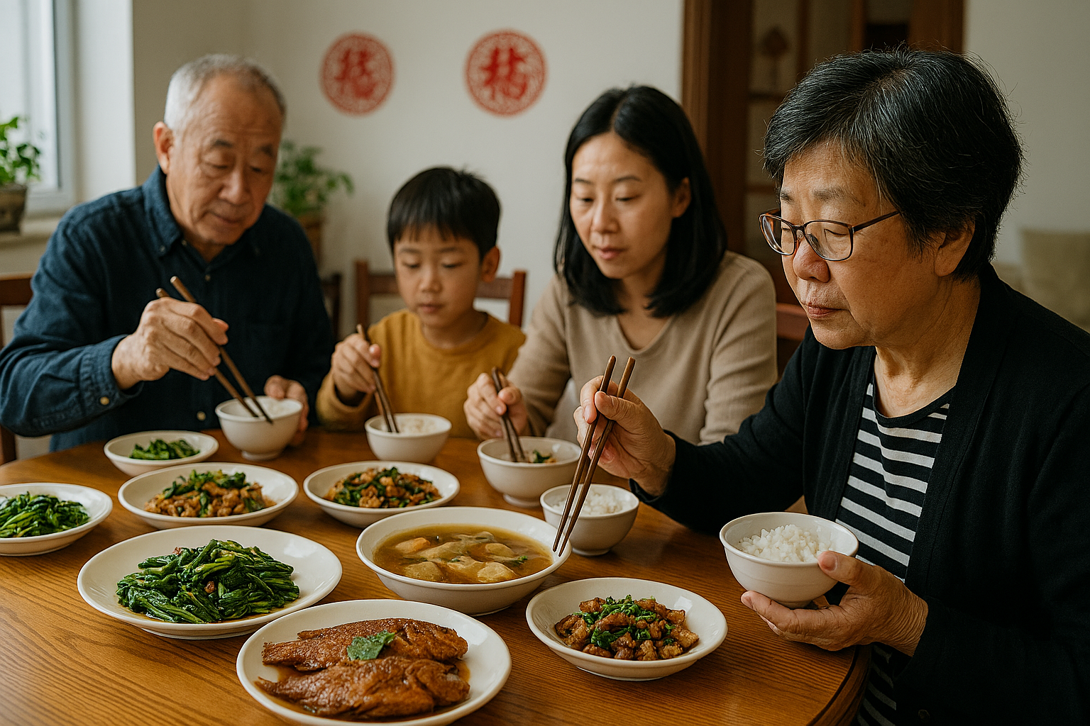 Photograph of a traditional Chinese family meal in a modest home setting. Four family members—spanning three generations—sit around a round wooden table, eating rice and shared dishes including stir-fried vegetables, tofu soup, and whole fried fish. Each person has a bowl of rice, chopsticks, and a soupspoon. The eldest man initiates the meal, while others follow. The room is softly lit by natural light from a nearby window, with red paper-cut decorations and a potted plant adding cultural warmth. The image captures the etiquette, intimacy, and structure of everyday Chinese dining