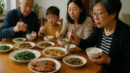 Photograph of a traditional Chinese family meal in a modest home setting. Four family members—spanning three generations—sit around a round wooden table, eating rice and shared dishes including stir-fried vegetables, tofu soup, and whole fried fish. Each person has a bowl of rice, chopsticks, and a soupspoon. The eldest man initiates the meal, while others follow. The room is softly lit by natural light from a nearby window, with red paper-cut decorations and a potted plant adding cultural warmth. The image captures the etiquette, intimacy, and structure of everyday Chinese dining