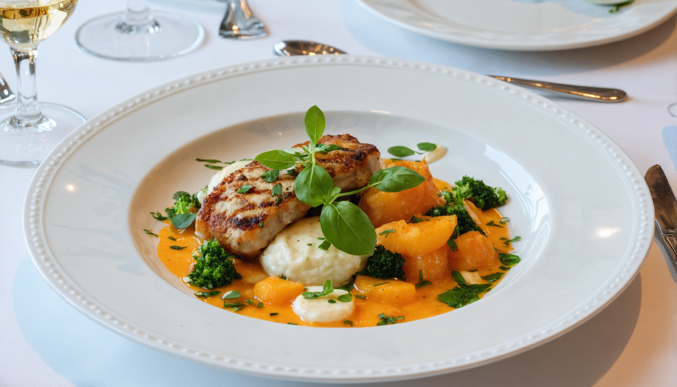 A plate of typical French Cuisine Served on a White Plate
