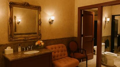 An elegant vintage-style ladies’ lounge with velvet seating, ornate mirrors, and warm lighting in a fine restaurant