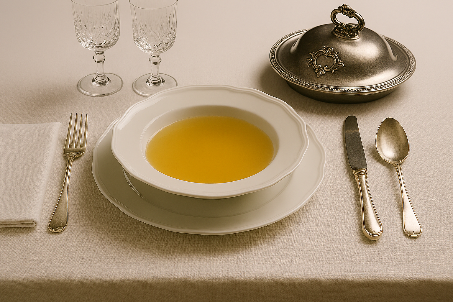 Formal dining table set in the style of Service à la Russe, featuring white porcelain, silver cutlery, crystal glassware, and a domed silver serving dish on white linen.