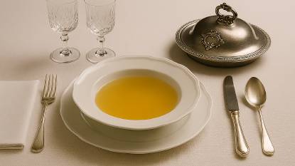 Formal dining table set in the style of Service à la Russe, featuring white porcelain, silver cutlery, crystal glassware, and a domed silver serving dish on white linen.