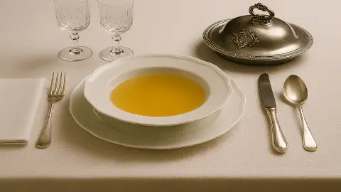 Formal dining table set in the style of Service à la Russe, featuring white porcelain, silver cutlery, crystal glassware, and a domed silver serving dish on white linen.