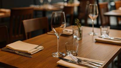 A warmly lit restaurant table set with wine glasses, napkins, and polished cutlery, ready for diners.