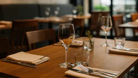 A warmly lit restaurant table set with wine glasses, napkins, and polished cutlery, ready for diners.
