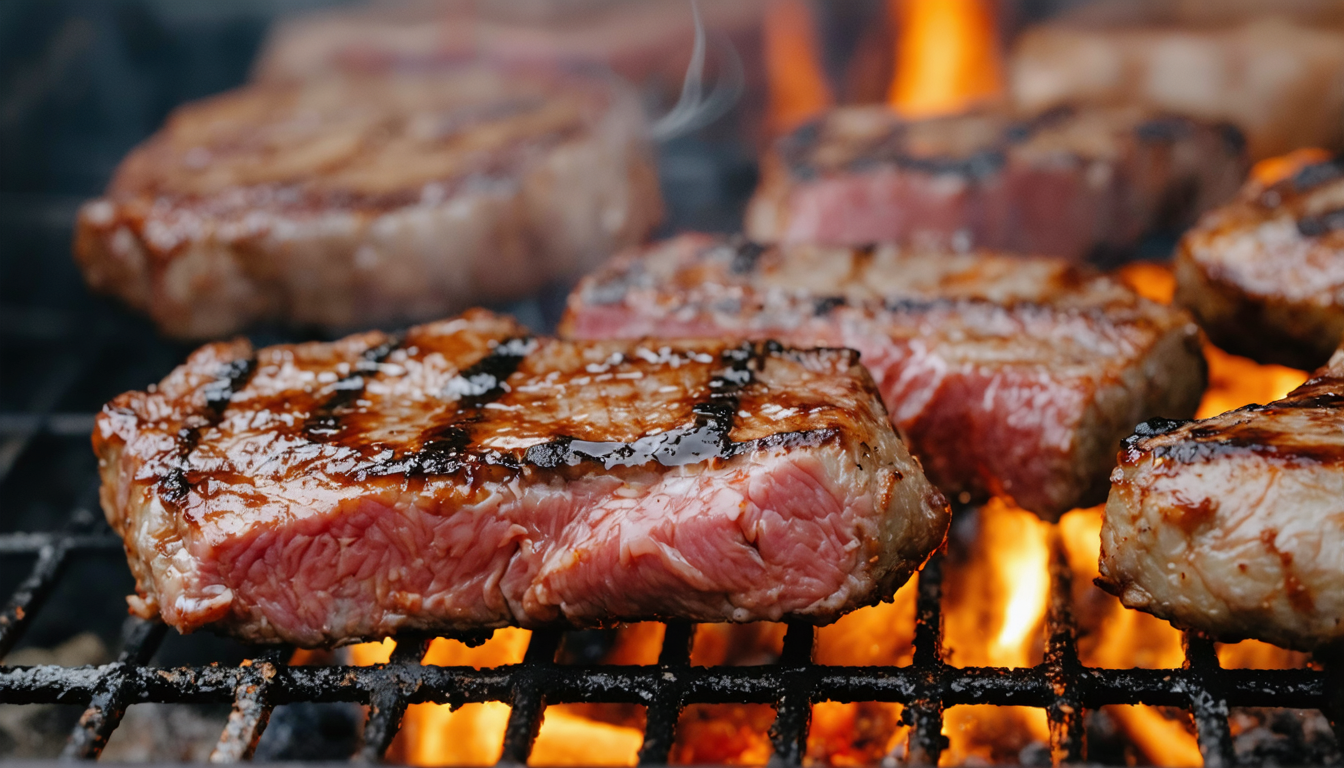 Meat cooking on an outdoor barbecue grill