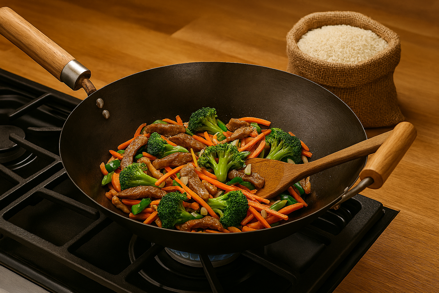 image of a carbon steel wok stir-frying meat, broccoli, carrots, and green onions over a gas flame in a rustic kitchen, with a burlap sack of rice in the background.