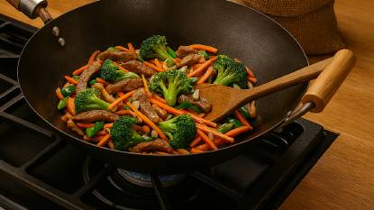 image of a carbon steel wok stir-frying meat, broccoli, carrots, and green onions over a gas flame in a rustic kitchen, with a burlap sack of rice in the background.