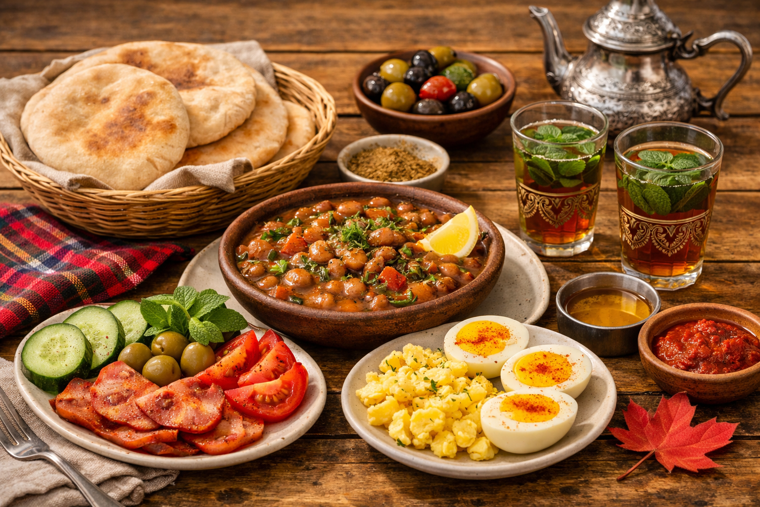 A traditional North African breakfast spread featuring ful medames stew with fava beans, olive oil, and cumin, served with warm pita bread, fresh vegetables, mint tea, and boiled eggs on a wooden table