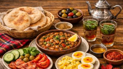 A traditional North African breakfast spread featuring ful medames stew with fava beans, olive oil, and cumin, served with warm pita bread, fresh vegetables, mint tea, and boiled eggs on a wooden table