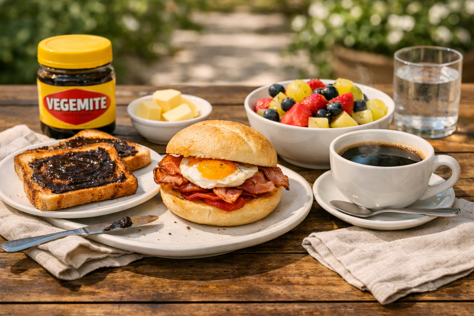 A classic Australian breakfast table featuring Vegemite on toast, a bacon and egg roll, a bowl of fresh fruit, and a cup of strong coffee or tea, set on a sunny patio