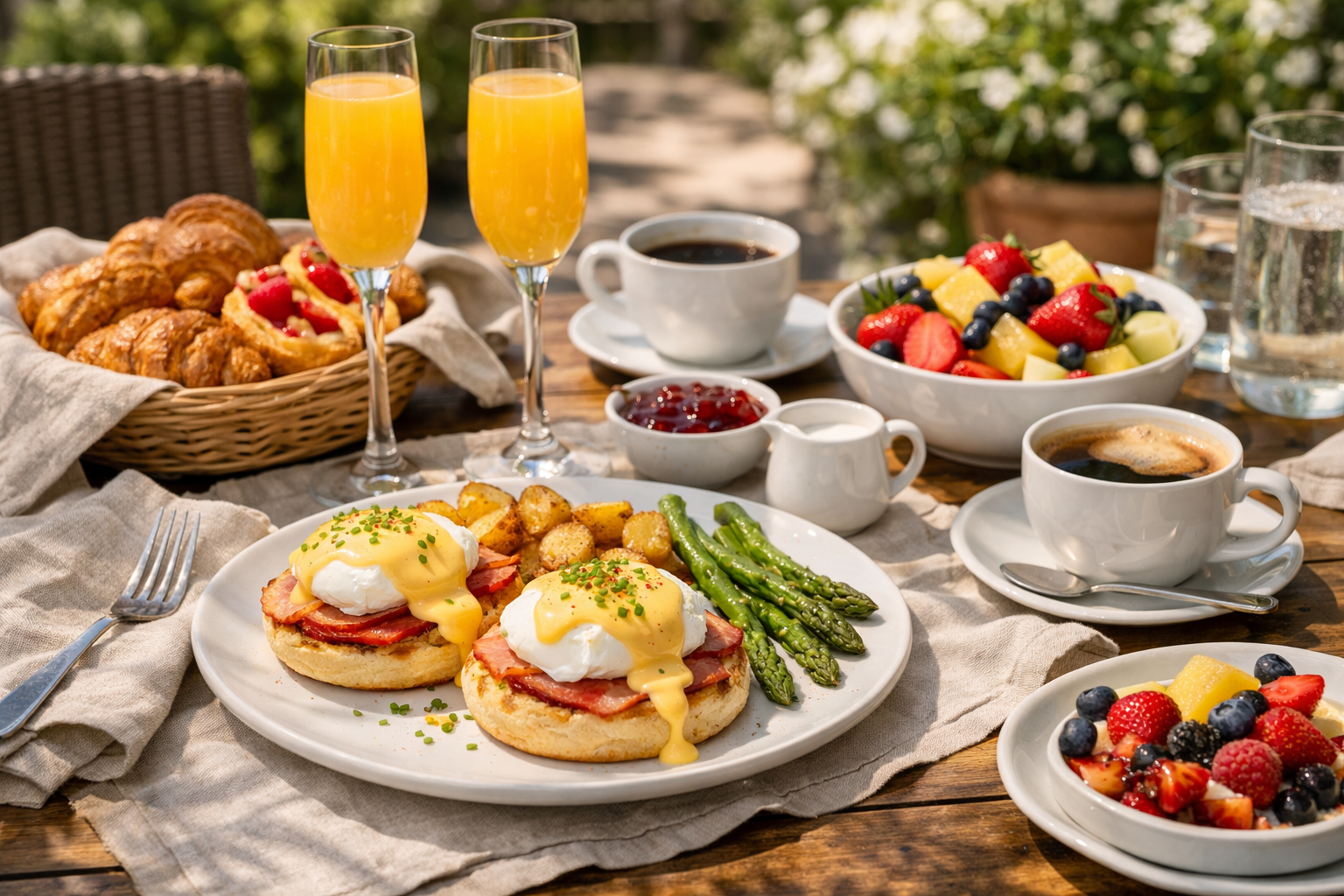 A leisurely weekend brunch table with eggs Benedict, fresh pastries, mimosas, fresh fruit, and coffee, set on a sunlit patio with linen napkins
