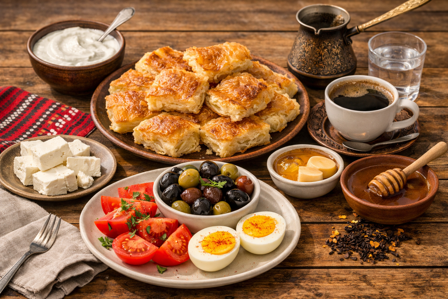 A traditional Bulgarian breakfast table featuring banitsa pastry, Bulgarian yogurt (kiselo mlyako), sheep's milk cheese (sirene), olives, tomatoes, boiled eggs, honey, and Turkish coffee on a rustic wooden table