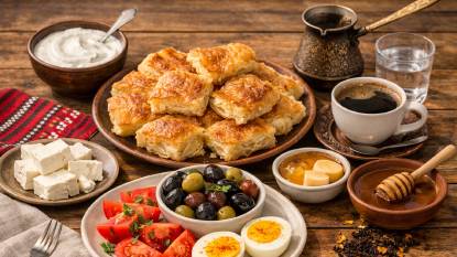A traditional Bulgarian breakfast table featuring banitsa pastry, Bulgarian yogurt (kiselo mlyako), sheep's milk cheese (sirene), olives, tomatoes, boiled eggs, honey, and Turkish coffee on a rustic wooden table