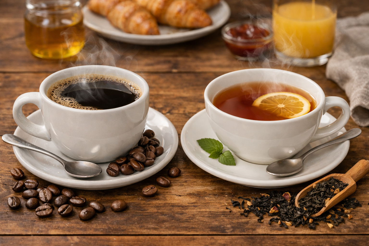 A steaming cup of coffee and a cup of tea side by side on a breakfast table, with coffee beans and tea leaves scattered nearby, representing the world's two most popular caffeinated breakfast beverages