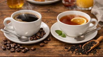 A steaming cup of coffee and a cup of tea side by side on a breakfast table, with coffee beans and tea leaves scattered nearby, representing the world's two most popular caffeinated breakfast beverages