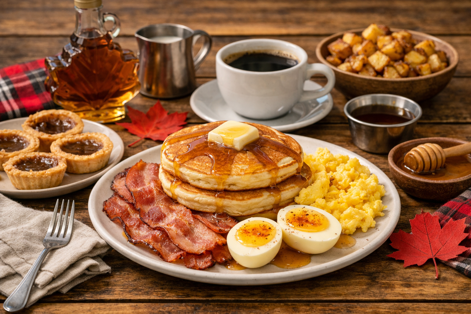 A hearty Canadian breakfast with fluffy pancakes drizzled with maple syrup, crispy Canadian bacon, scrambled eggs, and butter tarts on a wooden table with a maple leaf decoration