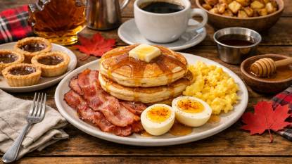 A hearty Canadian breakfast with fluffy pancakes drizzled with maple syrup, crispy Canadian bacon, scrambled eggs, and butter tarts on a wooden table with a maple leaf decoration