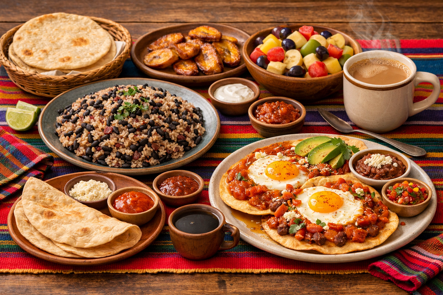 A vibrant Central American breakfast table with gallo pinto (rice and black beans), huevos rancheros, fried plantains, fresh tortillas, a bowl of fresh fruit, and a steaming cup of cafe con leche on a colorful tablecloth
