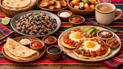 A vibrant Central American breakfast table with gallo pinto (rice and black beans), huevos rancheros, fried plantains, fresh tortillas, a bowl of fresh fruit, and a steaming cup of cafe con leche on a colorful tablecloth