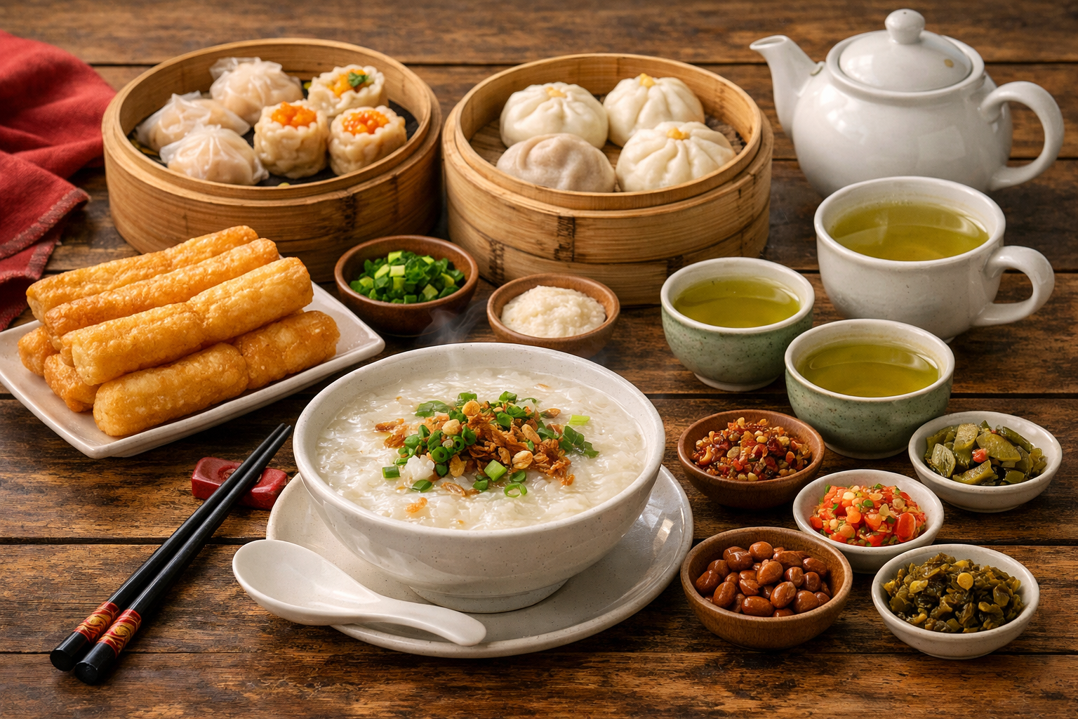 A traditional Chinese breakfast table with a steaming bowl of congee, bamboo steamers of dim sum, a plate of youtiao (fried dough sticks), green tea, and small dishes of pickled vegetables