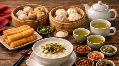 A traditional Chinese breakfast table with a steaming bowl of congee, bamboo steamers of dim sum, a plate of youtiao (fried dough sticks), green tea, and small dishes of pickled vegetables