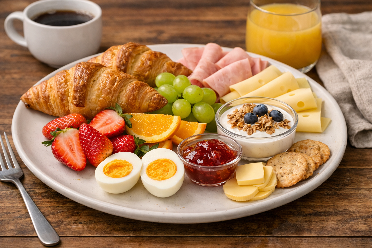 A classic continental breakfast spread with fresh croissants, brioche, butter, jam, a steaming bowl of cafe au lait, and freshly squeezed orange juice on a linen-covered table