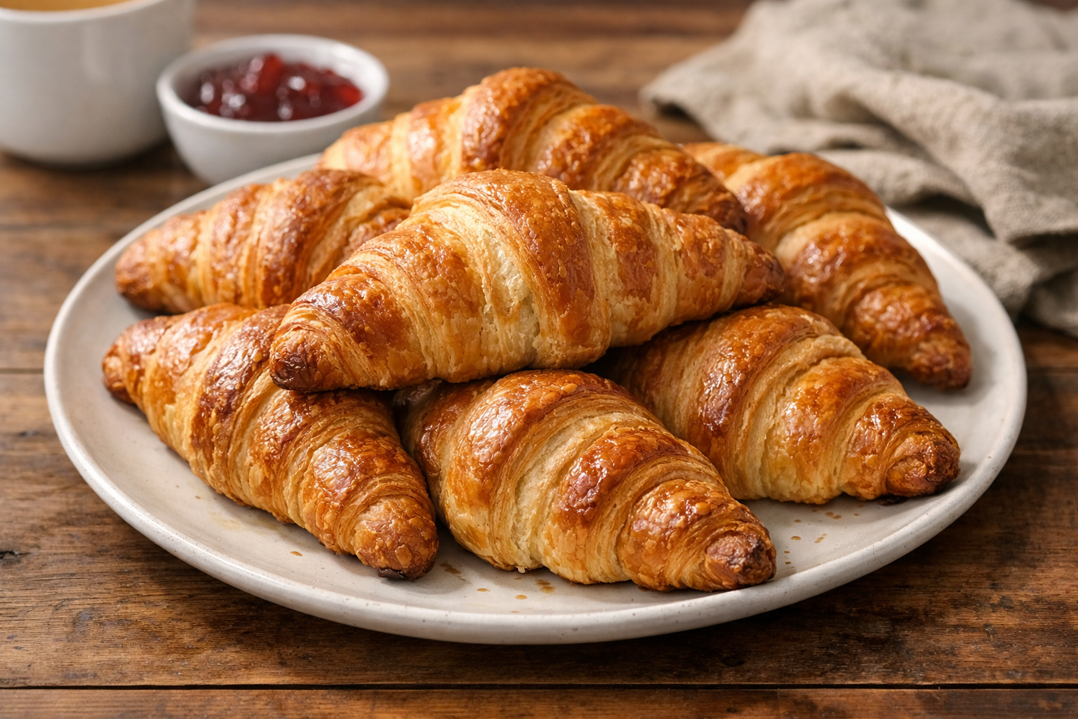 Freshly baked golden croissants arranged on a baking tray with a light dusting of flour, steam rising, set against a rustic wooden table with a coffee cup