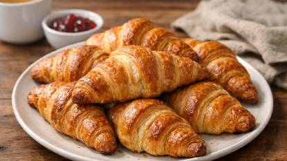 Freshly baked golden croissants arranged on a baking tray with a light dusting of flour, steam rising, set against a rustic wooden table with a coffee cup