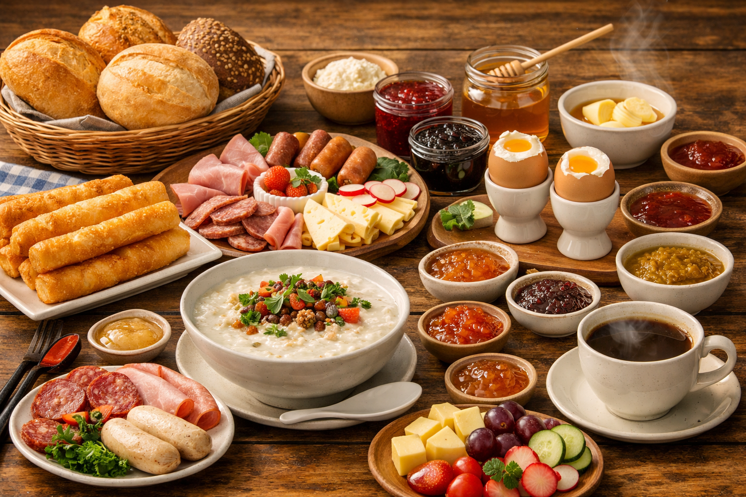 A traditional German Frühstück spread with fresh crusty bread rolls, sliced cold cuts and sausages, assorted cheeses, soft-boiled eggs in egg cups, jam pots, honey, butter, muesli with yogurt and fresh berries, and a steaming cup of coffee arranged on a wooden farmhouse table under warm morning light