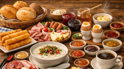 A traditional German Frühstück spread with fresh crusty bread rolls, sliced cold cuts and sausages, assorted cheeses, soft-boiled eggs in egg cups, jam pots, honey, butter, muesli with yogurt and fresh berries, and a steaming cup of coffee arranged on a wooden farmhouse table under warm morning light