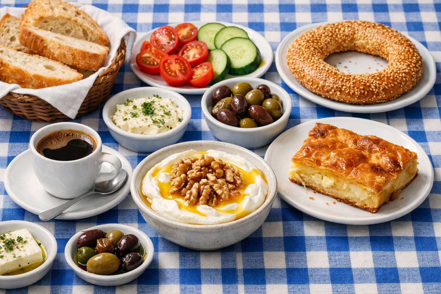 A Greek breakfast table with a small cup of strong Greek coffee, thick strained yogurt drizzled with honey and walnuts, fresh bread, olives, tomatoes, a slice of tiropita, and a koulouri sesame bread ring on a blue-and-white tablecloth