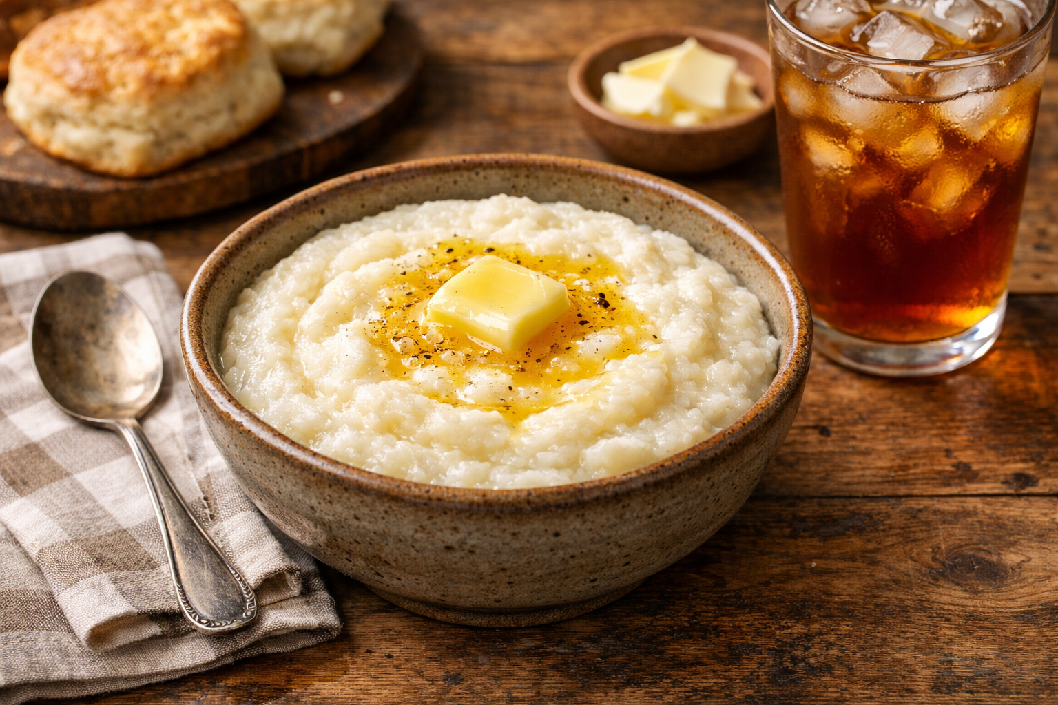 A warm bowl of creamy Southern-style grits topped with a pat of melting butter, served in a rustic ceramic bowl on a wooden table, with a spoon and a glass of iced tea nearby