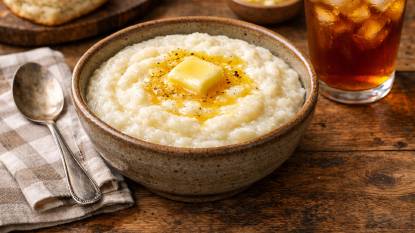 A warm bowl of creamy Southern-style grits topped with a pat of melting butter, served in a rustic ceramic bowl on a wooden table, with a spoon and a glass of iced tea nearby