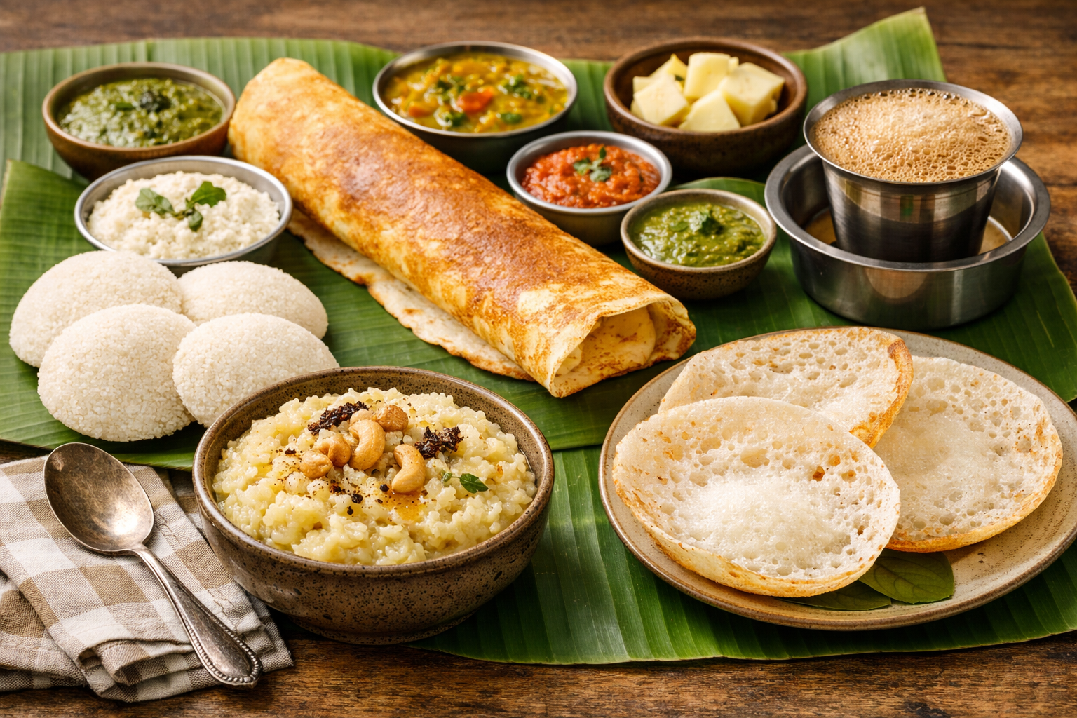A vibrant Indian breakfast spread with idli, dosa with chutney and sambar, a bowl of pongal, steamed appam, and a cup of filter coffee, arranged on a banana leaf with fresh coconut chutney