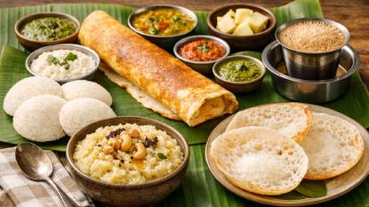 A vibrant Indian breakfast spread with idli, dosa with chutney and sambar, a bowl of pongal, steamed appam, and a cup of filter coffee, arranged on a banana leaf with fresh coconut chutney