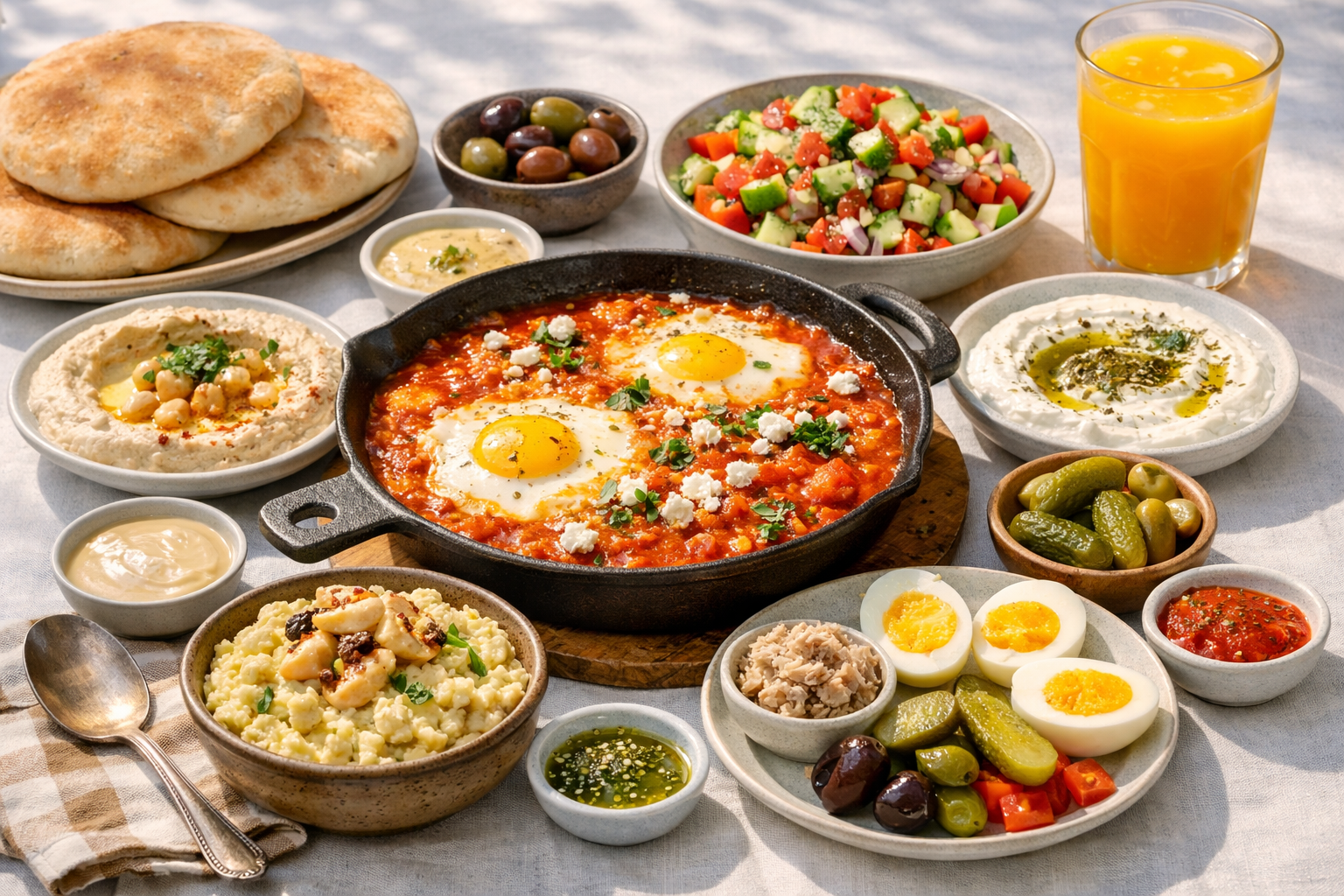 A colourful Israeli breakfast spread with shakshuka in a cast-iron pan, hummus, fresh cucumber and tomato salad, labneh cheese, olives, pickles, hard-boiled eggs, fresh pita bread, and a glass of fresh orange juice on a sunlit table