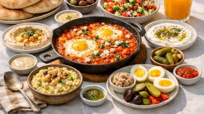 A colourful Israeli breakfast spread with shakshuka in a cast-iron pan, hummus, fresh cucumber and tomato salad, labneh cheese, olives, pickles, hard-boiled eggs, fresh pita bread, and a glass of fresh orange juice on a sunlit table