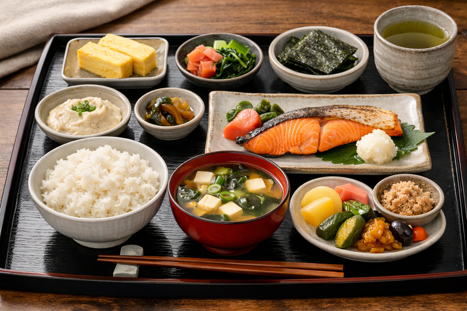 A traditional Japanese breakfast set with a bowl of steamed rice, miso soup with tofu and seaweed, grilled salmon fillet, pickled vegetables, a small tamagoyaki omelette, and green tea arranged on a lacquer tray