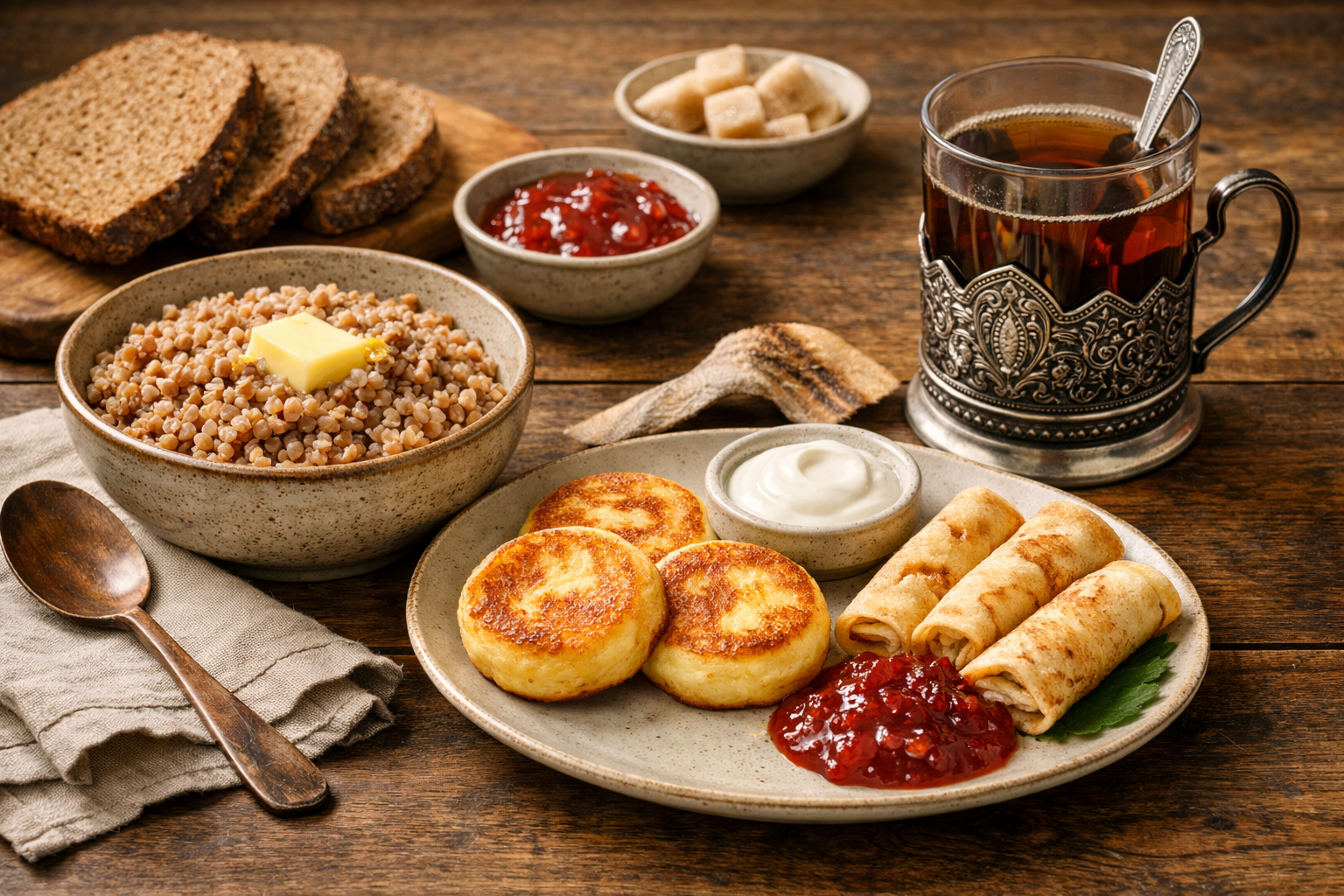 A Russian breakfast table with a bowl of buckwheat kasha topped with butter, golden syrniki pancakes with sour cream, blini with jam, rye bread, and a glass of hot tea in a traditional podstakannik glass holder