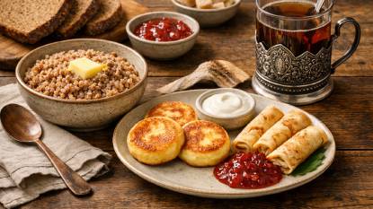 A Russian breakfast table with a bowl of buckwheat kasha topped with butter, golden syrniki pancakes with sour cream, blini with jam, rye bread, and a glass of hot tea in a traditional podstakannik glass holder