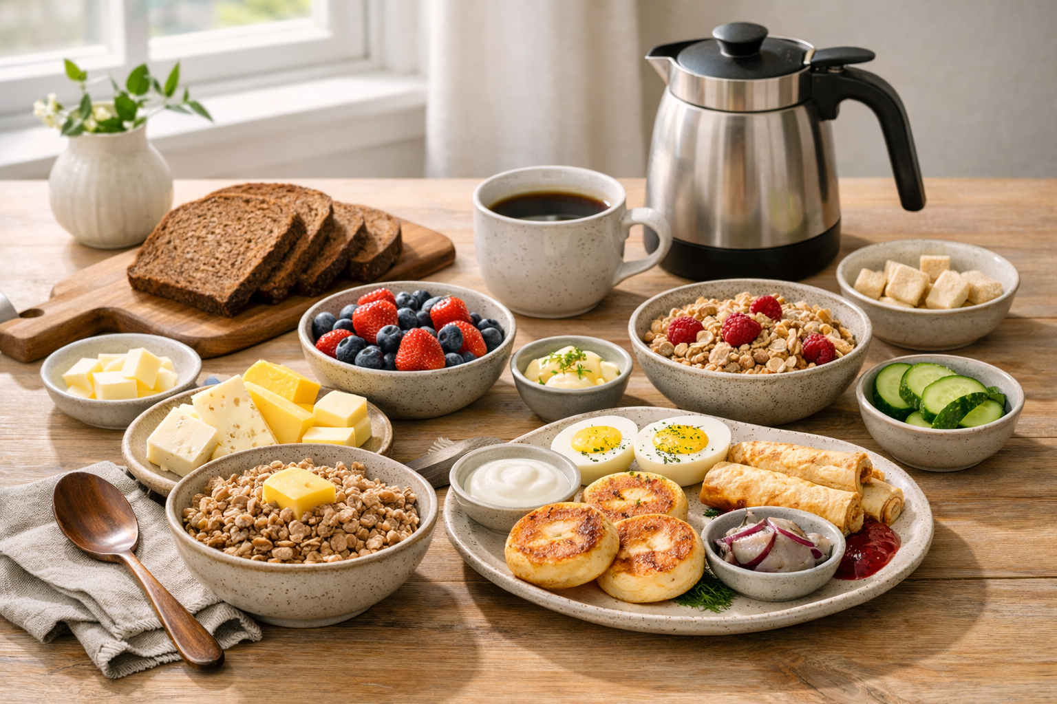 A bright Scandinavian breakfast table with dark rye bread, cheeses, pickled herring, boiled eggs, fresh berries, yogurt, muesli, and a pot of coffee, arranged on a light wooden table by a window with Nordic-style ceramics