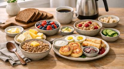 A bright Scandinavian breakfast table with dark rye bread, cheeses, pickled herring, boiled eggs, fresh berries, yogurt, muesli, and a pot of coffee, arranged on a light wooden table by a window with Nordic-style ceramics