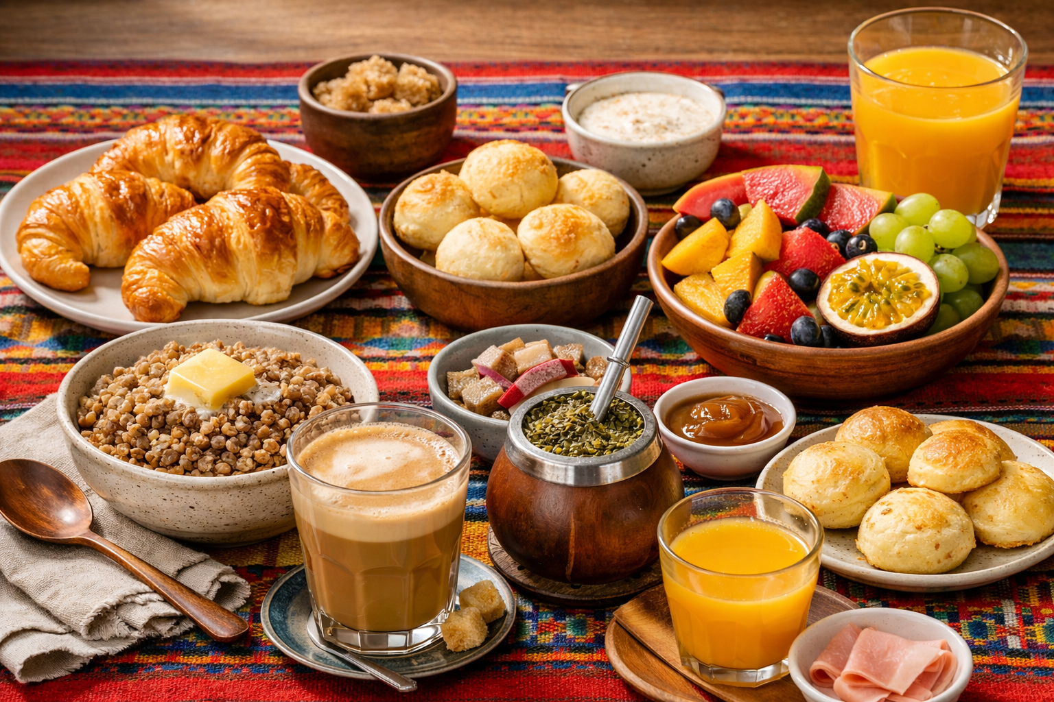 A South American breakfast table with Argentine medialunas croissants, cafe con leche in a glass, Brazilian pao de queijo cheese bread, fresh tropical fruits, and a mate gourd on a colourful tablecloth