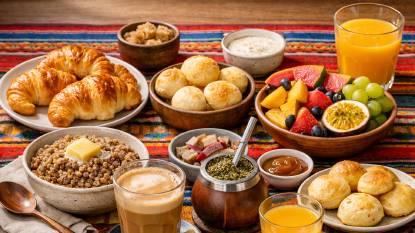 A South American breakfast table with Argentine medialunas croissants, cafe con leche in a glass, Brazilian pao de queijo cheese bread, fresh tropical fruits, and a mate gourd on a colourful tablecloth