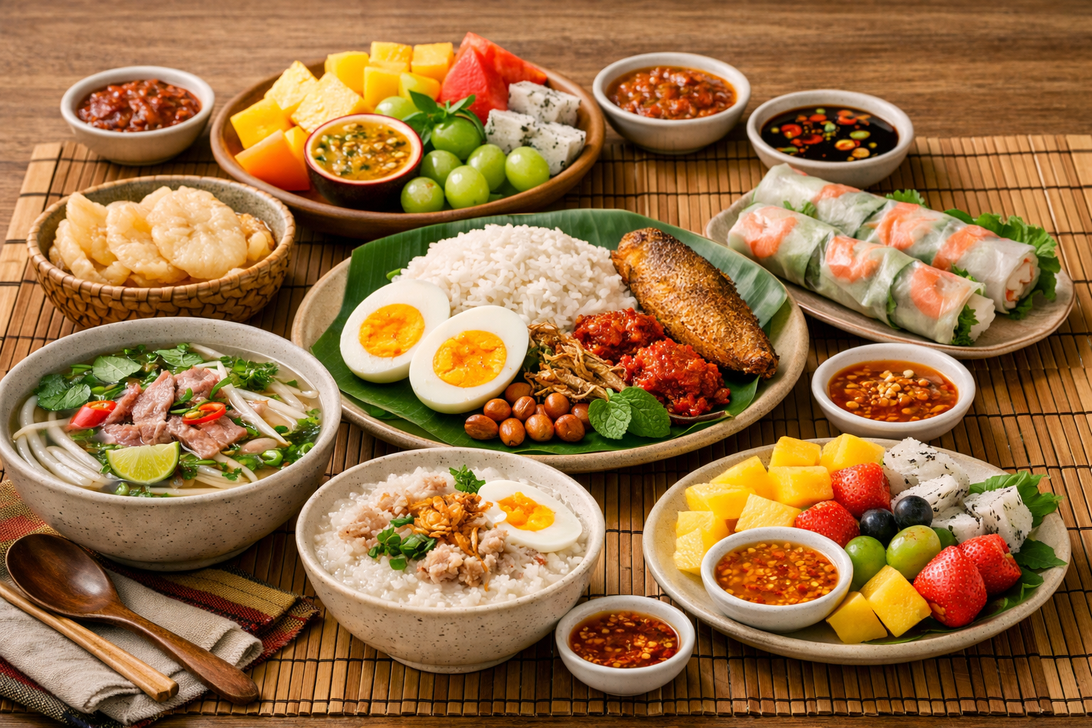 A Southeast Asian breakfast spread with a bowl of Vietnamese pho, Thai congee with pork, Indonesian nasi lemak with fried fish and sambal, fresh spring rolls, and tropical fruit on a bamboo mat