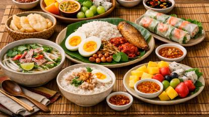 A Southeast Asian breakfast spread with a bowl of Vietnamese pho, Thai congee with pork, Indonesian nasi lemak with fried fish and sambal, fresh spring rolls, and tropical fruit on a bamboo mat