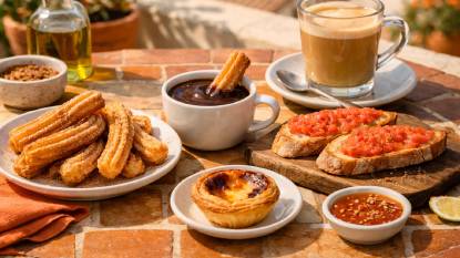 A Spanish breakfast table with crispy churros dusted with cinnamon sugar, a cup of thick hot chocolate for dipping, pan con tomate on crusty bread, a pastel de nata tart, and a cafe con leche on a sunny terrace