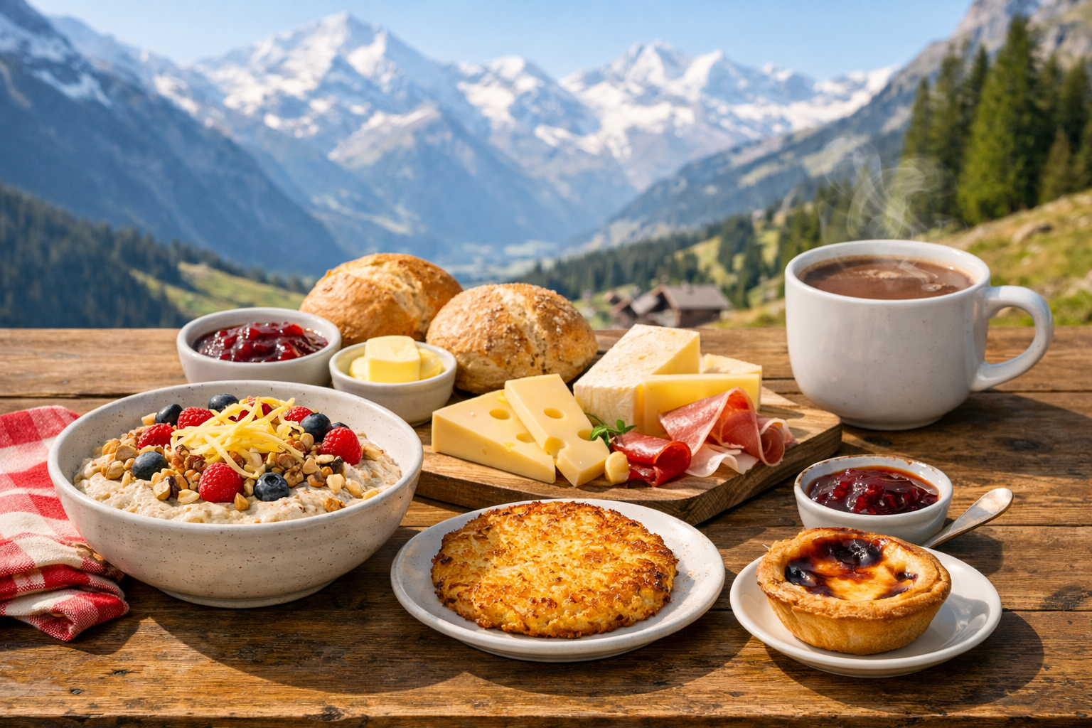 A Swiss breakfast spread with a bowl of Bircher muesli topped with grated apple, nuts, and berries, a slice of rösti potato, Swiss cheeses, bread rolls, butter, jam, and a steaming cup of hot chocolate on a wooden table with Alpine view